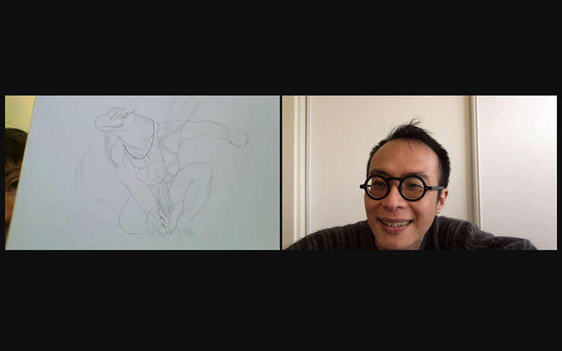 Ryan Lewis showing James Nguyen his sketch for his Blu-Tak creatures